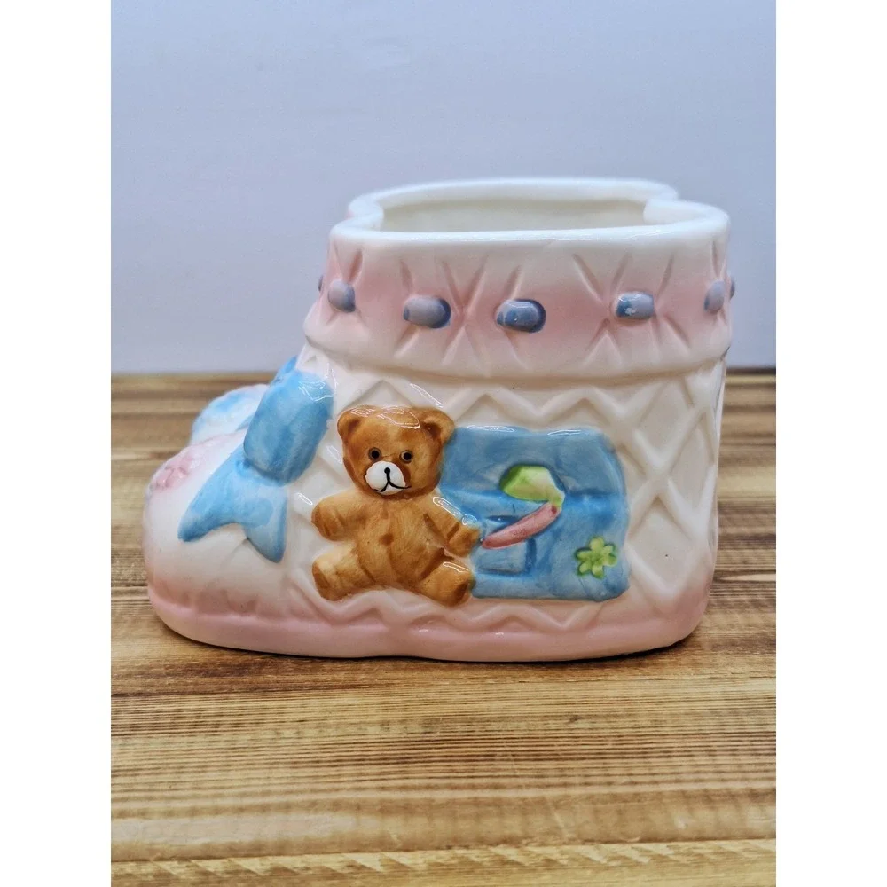 Ceramic Vase‎ Teddy Bear Baby Shoes Boots Pink Bow